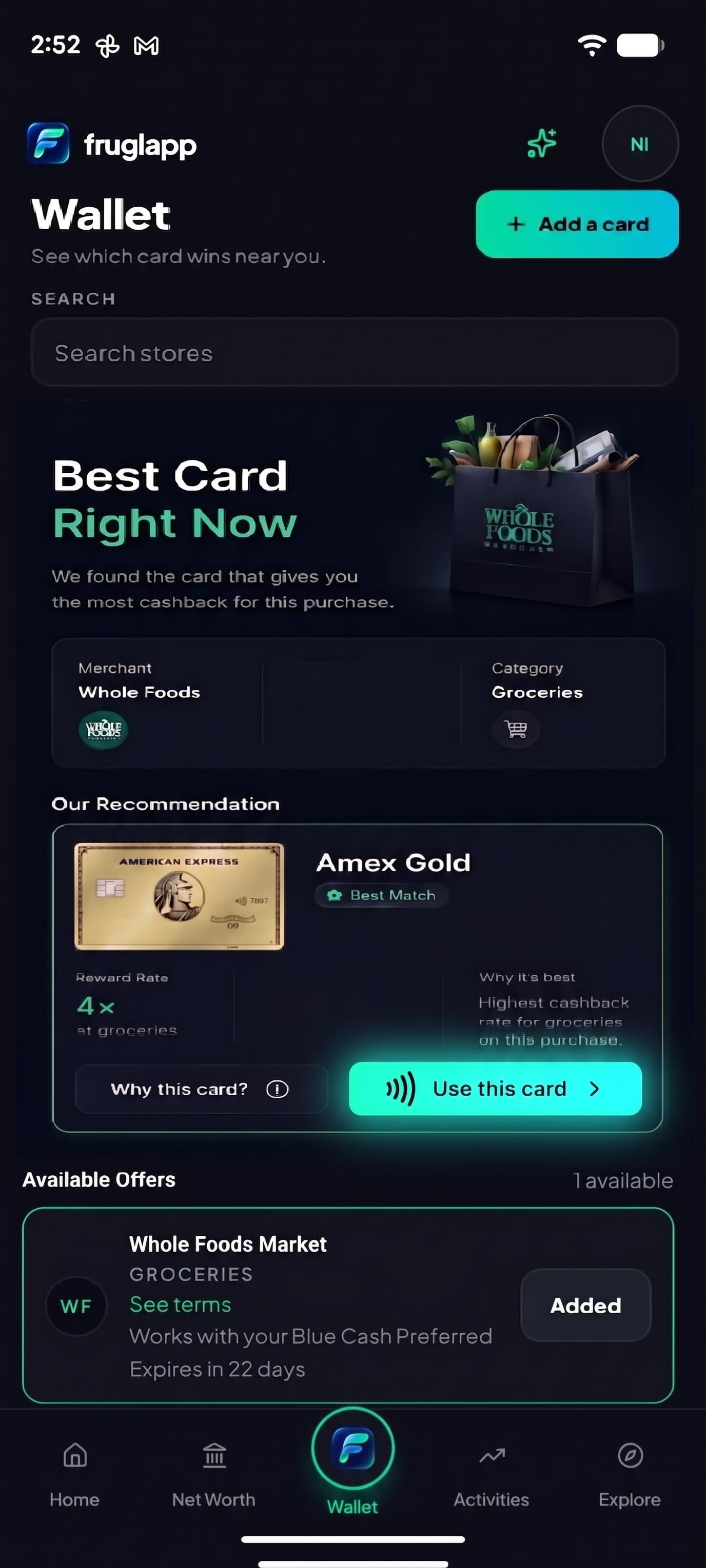 Best Card Right Now screen