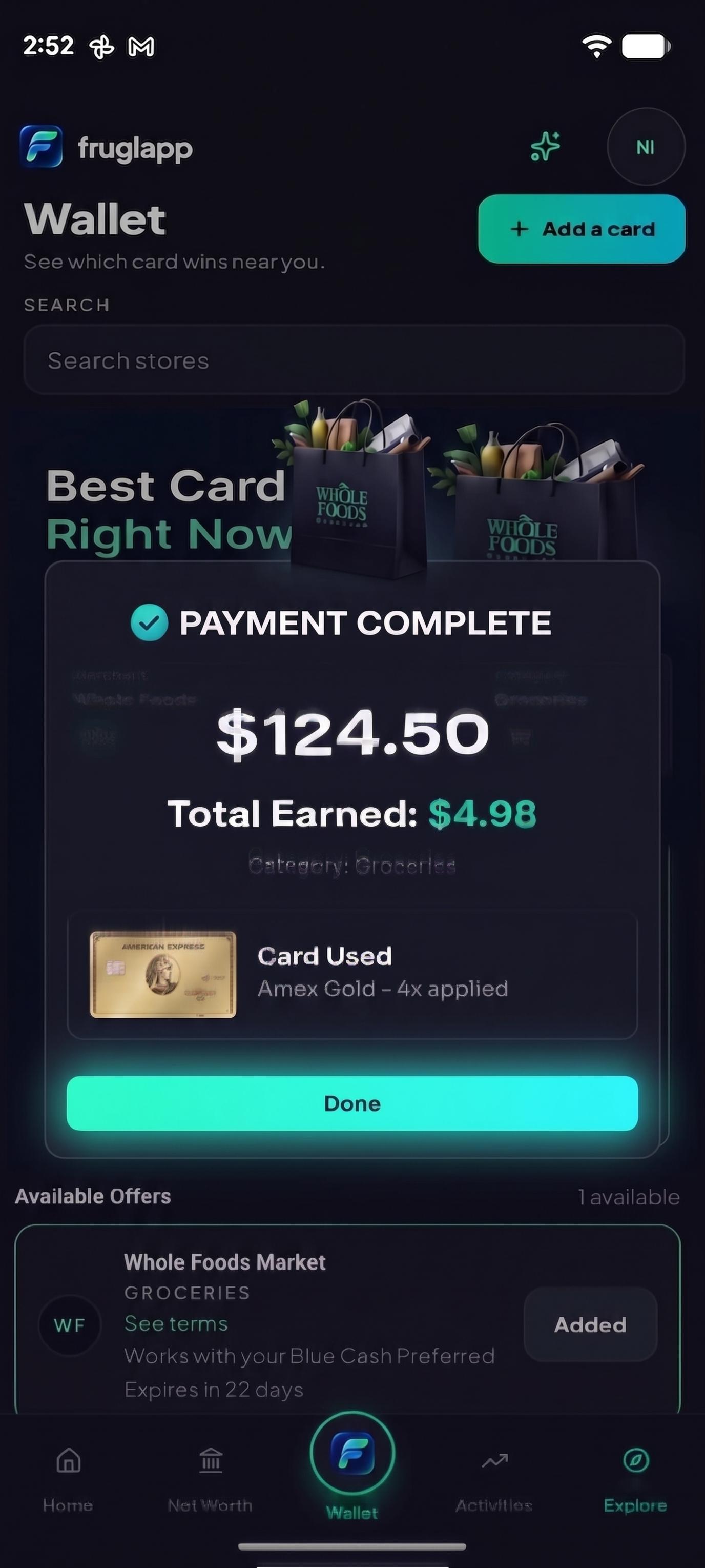 FruglApp payment complete with cashback earned