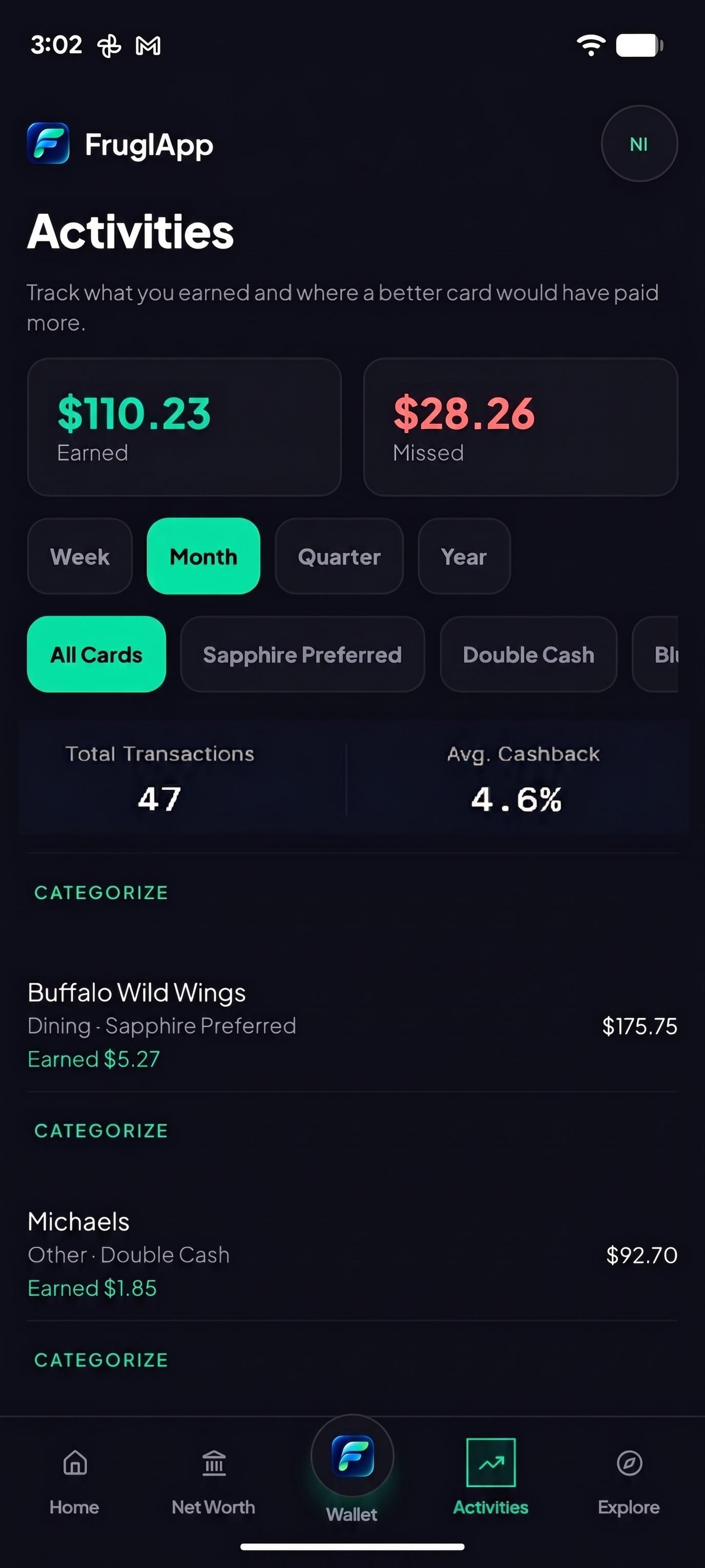 FruglApp earned and missed cashback in Activities