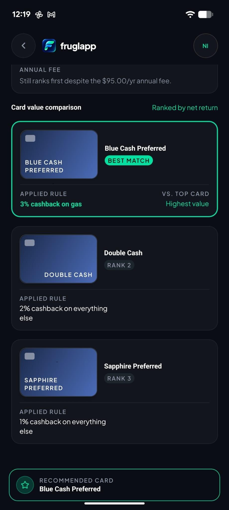 FruglApp card value comparison ranked by net return