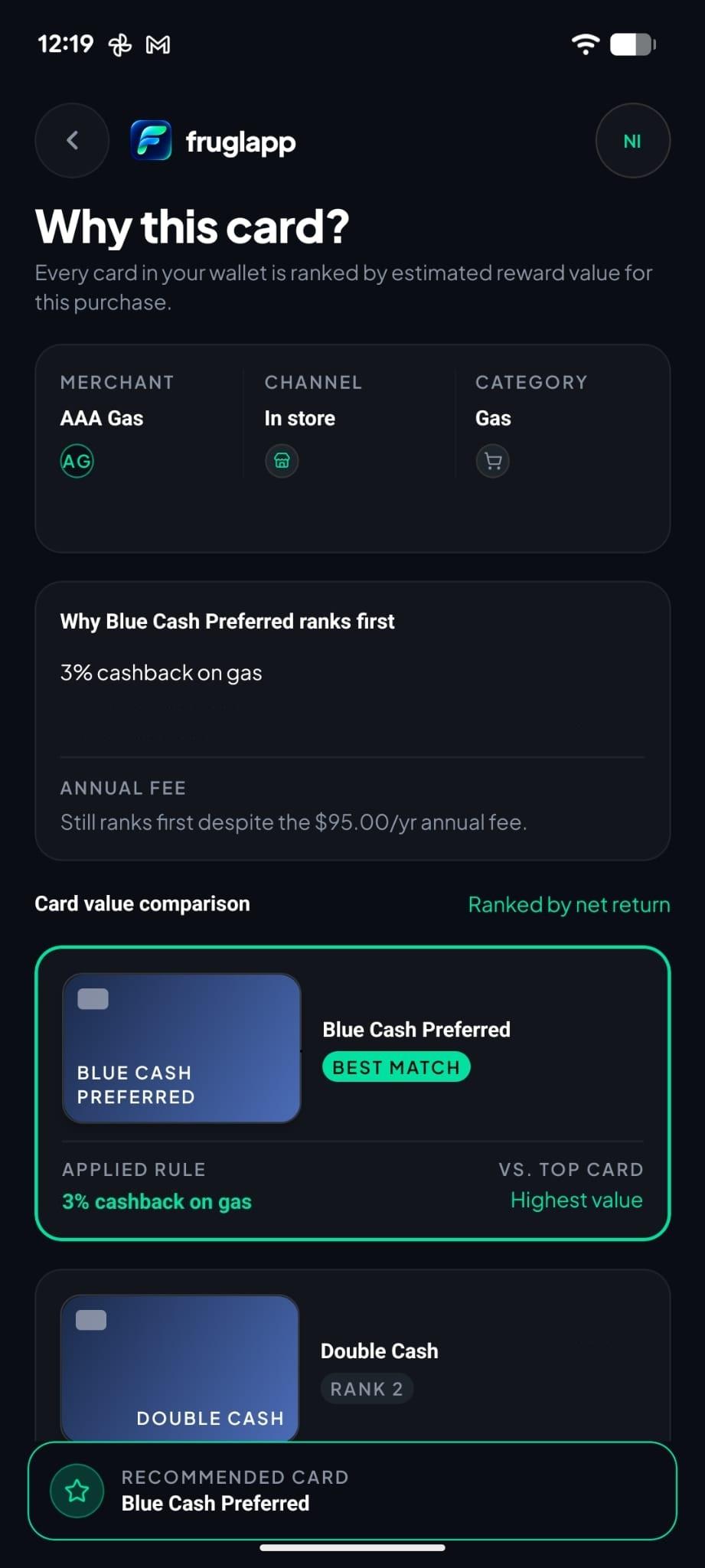 FruglApp explaining why the recommended card ranks first