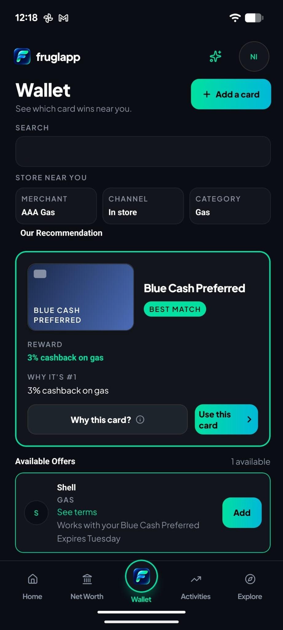 FruglApp wallet showing the recommended card